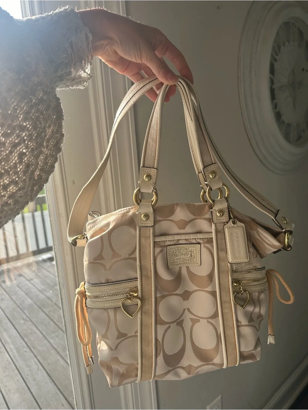 Vintage Coach Poppy Cinch Satchel Cream Beige Canvas Y2K Coquette